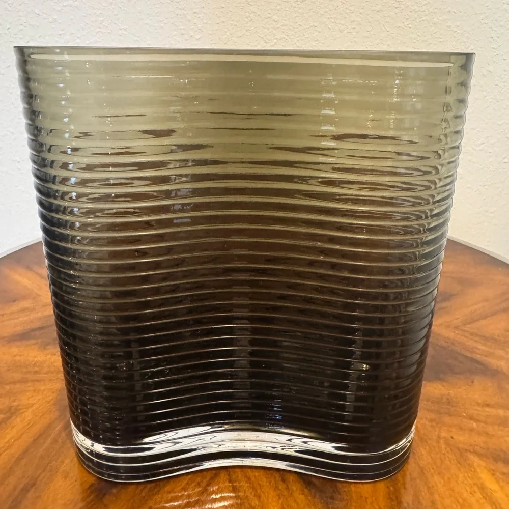 Mid-Century Wavy Glass Vase in Smoky Green/Gray Hand Blown In Poland 8” - Picture 5 of 7